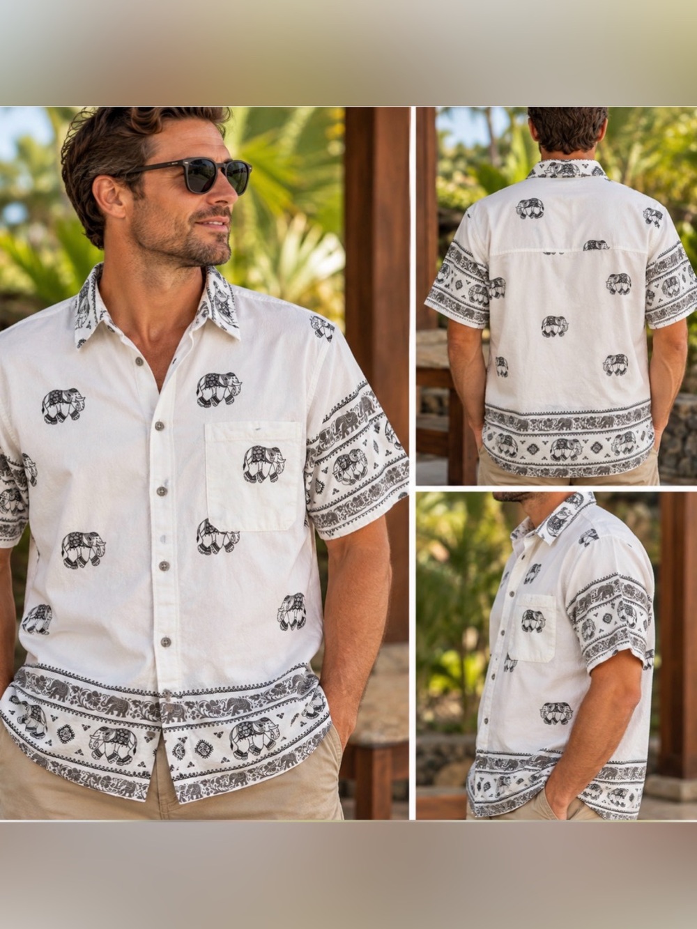 Cotton's Art Elephant Print Button Down Shirt in White & Black